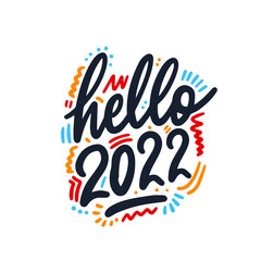 Hello 2022. Greeting card for your layout flyers and greetings card or christmas themed invitations. Vector Illustration. Isolated on white background.