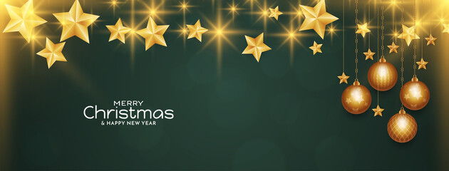 Fototapeta premium Merry Christmas festival green banner with glowing stars