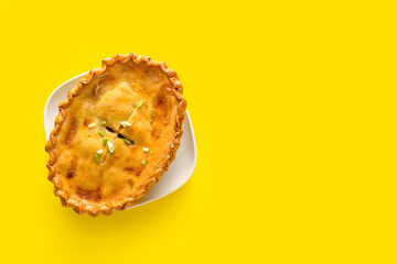 Tasty beef pot pie on color background