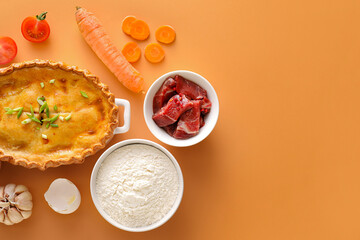 Tasty beef pot pie with ingredients on color background