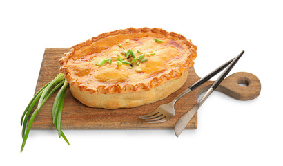 Tasty beef pot pie on white background