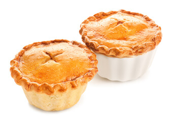 Tasty beef pot pies on white background