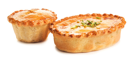 Tasty beef pot pies on white background