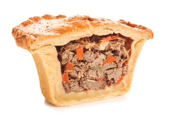 Tasty beef pot pie on white background
