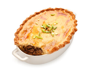 Tasty beef pot pie on white background
