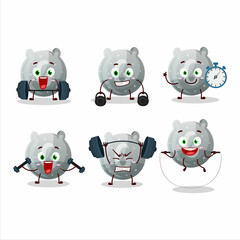 A healthy gray gummy candy G cartoon style trying some tools on Fitness center