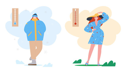 Temperatures in summer and winter. The girl next to the bag is dressed for the season. Hot summers and cold winters. Flat vector illustration