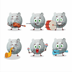 Cartoon character of gray gummy candy G playing some musical instruments