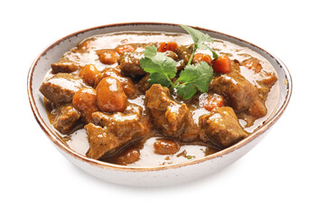 Plate with tasty beef curry on white background