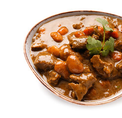 Plate with tasty beef curry on white background