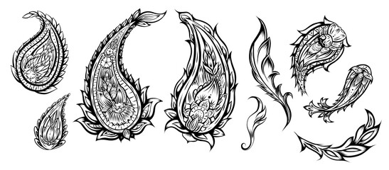 Vector set of monochrome contour paisley pattern. Collection of outline tribal flower elements on white background. Collection of indian floral ornament with boho decoration © veleri_kz