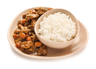 Plate with tasty beef curry and rice on white background