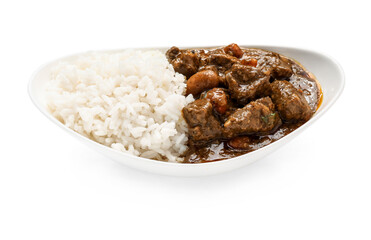 Plate with tasty beef curry and rice on white background