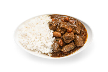 Plate with tasty beef curry and rice on white background