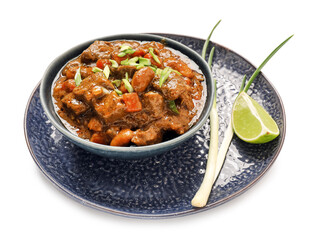 Plate with tasty beef curry on white background