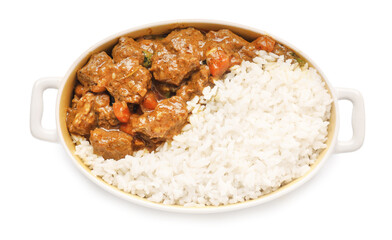 Dish with tasty beef curry on white background