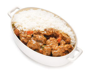 Dish with tasty beef curry on white background
