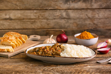 Plate with tasty beef curry and rice on wooden background