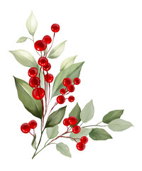 Floral, holly, winter berries in Christmas bouquet. Modern Art composition flower, leaves, berries isolated on white background. Floral frames and backgrounds design. Watercolor botanical