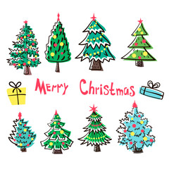 Set of decorated Christmas trees in doodle style in pastel colors with gifts and lettering - Merry Christmas. Stock vector illustration isolated on a white background drawn in cartoon.