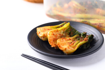 Kimchi bok choy on white background, Homemade Korean fermented side dish food