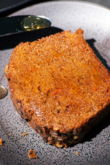 Deliciously moist fresh made carrot cake, detailed closeup.