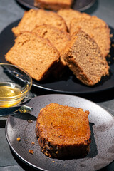Deliciously moist fresh made carrot cake, detailed closeup.