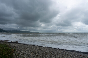 storm on the black sea, waves crashing on the shore, brown water