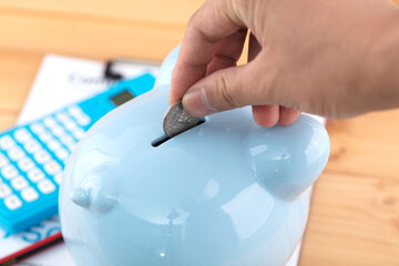 Put the coins in the piggy bank