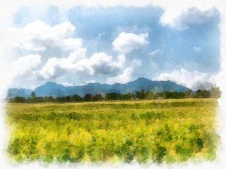 landscape of meadows, mountains and sky watercolor style illustration impressionist painting.