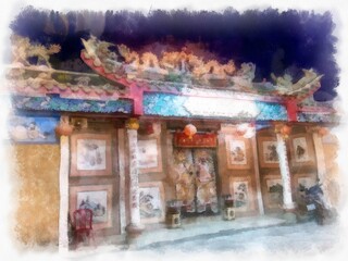 Fototapeta premium Landscape of an ancient Chinese shrine at night with colorful lanterns watercolor style illustration impressionist painting.