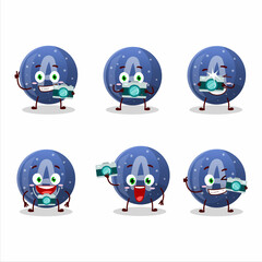 Photographer profession emoticon with blue gummy candy A cartoon character