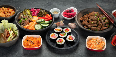 Assortment of Korean traditional dishes. .