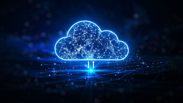 Cloud computing. The data transfer and storage concept has a cloud in the middle connected to a white polygon inside. dark blue background with a small padlock on the background.