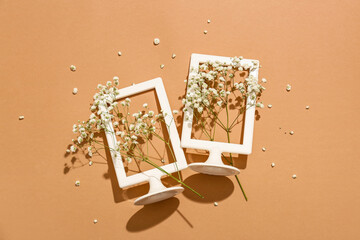 Frames with beautiful gypsophila flowers on color background
