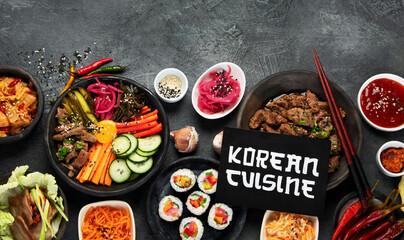 Assortment of Korean traditional dishes. .