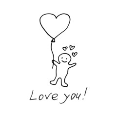 man with heart balloon and text love you hand drawn doodle. vector, scandinavian, minimalism. card, poster. love, romance, valentine day.