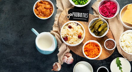 Best sources of probiotic on gray background.