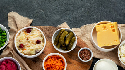 Best sources of probiotic on gray background.
