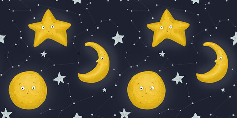 Seamless pattern, starry night. A strange month, moon and stars. Night sky and constellations. Cartoon style. Funny characters. For the design of wrapping paper, fabrics, goods