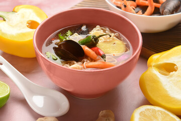 Bowl of spicy Thai soup on color background