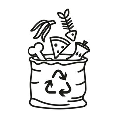 Trash bag with organic waste and triangular waste recycling symbol. Simple outline black and white vector icon. Thin lines