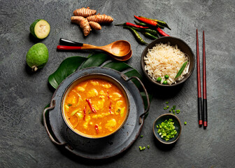 Yellow curry with chicken in bowl on dark background.
