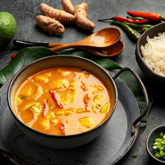 Yellow curry with chicken in bowl on dark background.