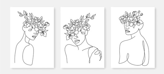 Female Face with Flowers Line Art Drawing Set. Woman Head with Flowers One Line Minimalist Illustration. Woman Minimal Sketch Drawing. Abstract Single Line Vector Art.