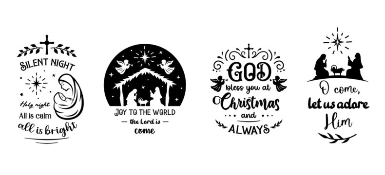 Christian Christmas signs and nativity scene. Religious quote and bible verse. Scenes of the birth of Jesus, symbols and phrases on the theme of Christmas, faith and religion. Vector silhouette illust
