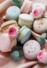 Beautiful colorful tasty macaroons on a textile background
