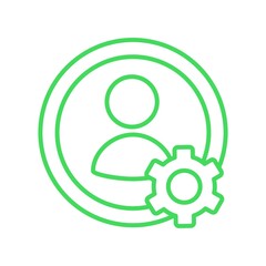 Human symbol inside a circle with a gear. Profile settings concept for web. Simple green outline vector icon with thin lines