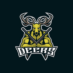 Deer mascot logo design vector with modern illustration concept style for badge, emblem and t shirt printing. Deer illustration with guns in hand.