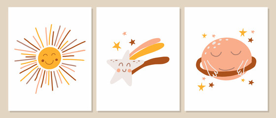 Vector set of posters with sun, planet and shooting star in kids boho style. Boho style nursery decoration. Cute posters.